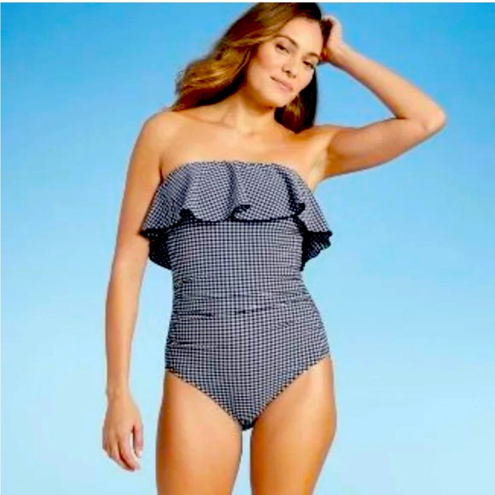 NWT Kona Sol Navy White Bandeau Flounce Ruched High Coverage One Piece swimsuit